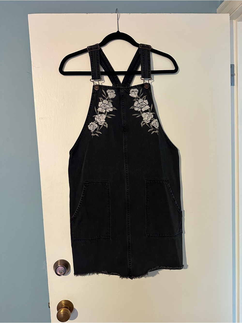 Hollister Black Denim Dress with White Floral Embroidery